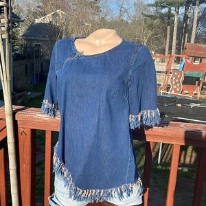 BEBELA Denim Top w/ Fringe Accents Size Med- Asymmetrical- Boutique